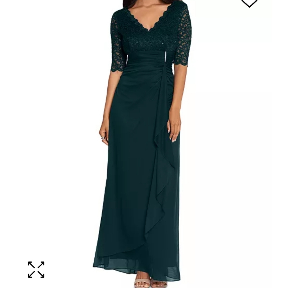 Betsy & Adam Women's Lace-Top Waterfall-Detail Gown Size 14 NWT Pine